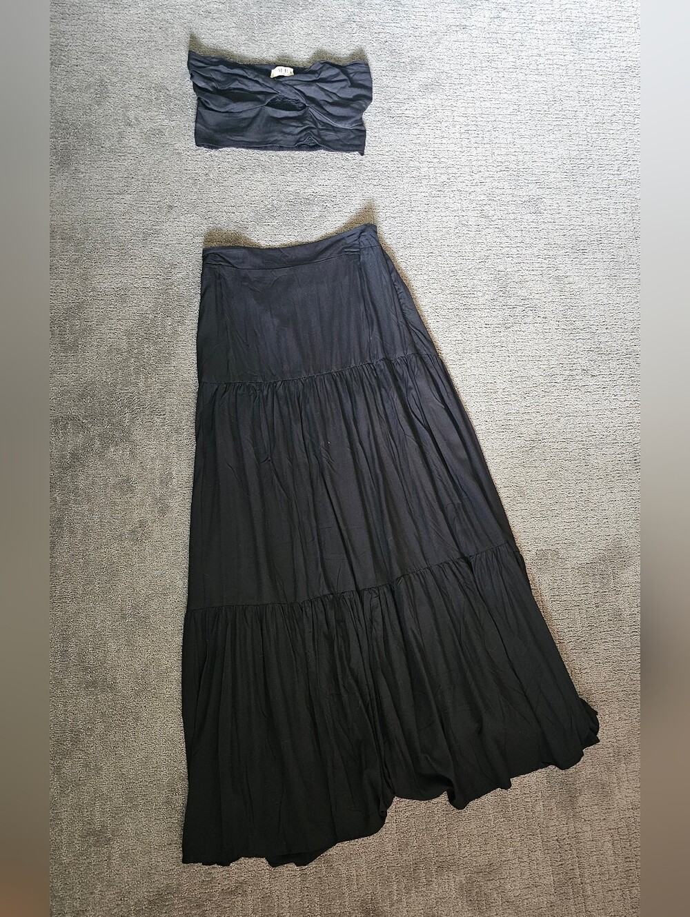 Aura The Label Black Tiered Maxi Skirt And Bandeau Top Set M